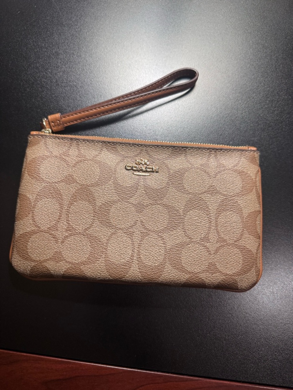 Coach Brown Monogram Wristlet with Gold Logo